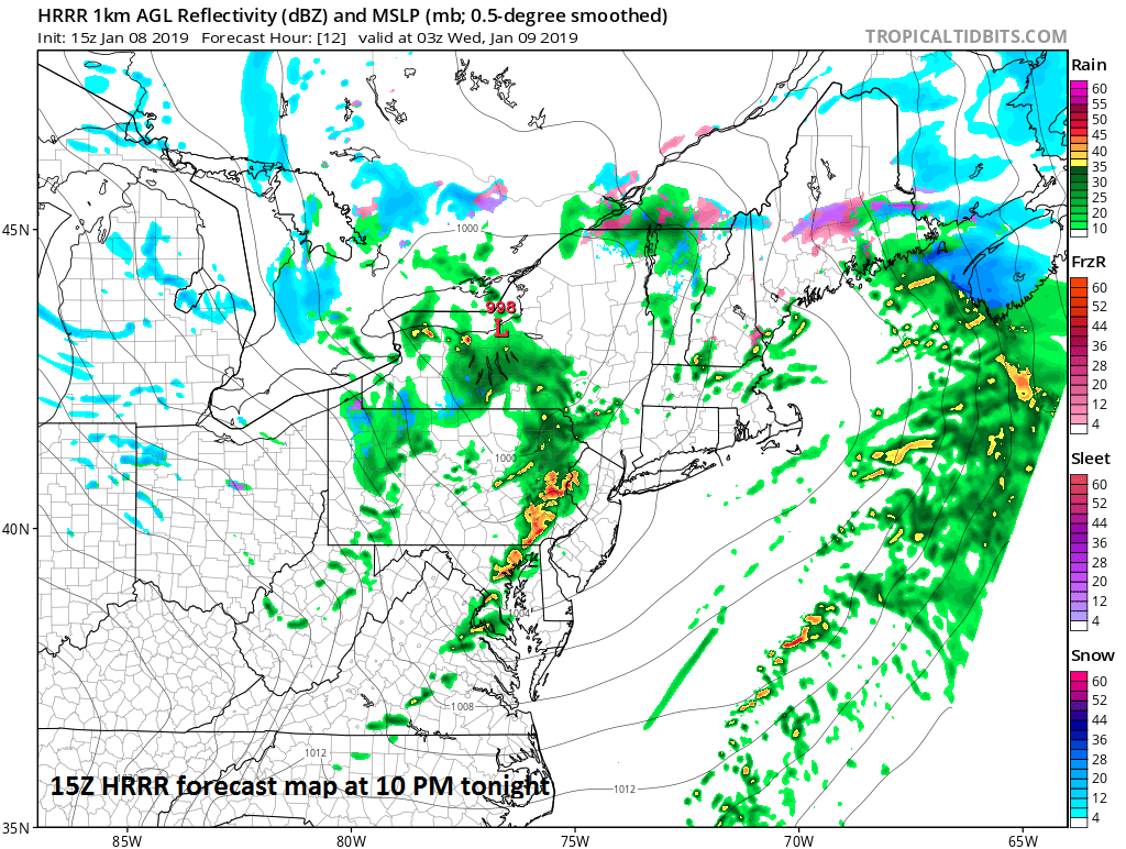 A high-resolution (HRRR) forecast map at 10 PM later tonight with a band of showers and possible thunderstorms extending over the I-95 corridor associated with a strong cold front; courtesy NOAA/EMC, tropicaltidbits.com
