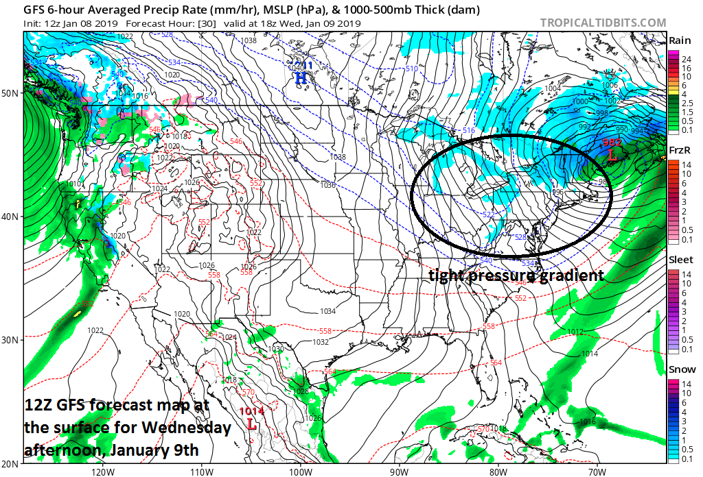 12Z GFS forecast map for tomorrow afternoon with a tight pressure gradient across the Mid-Atlantic region; courtesy NOAA/EMC, tropicaltidbits.com