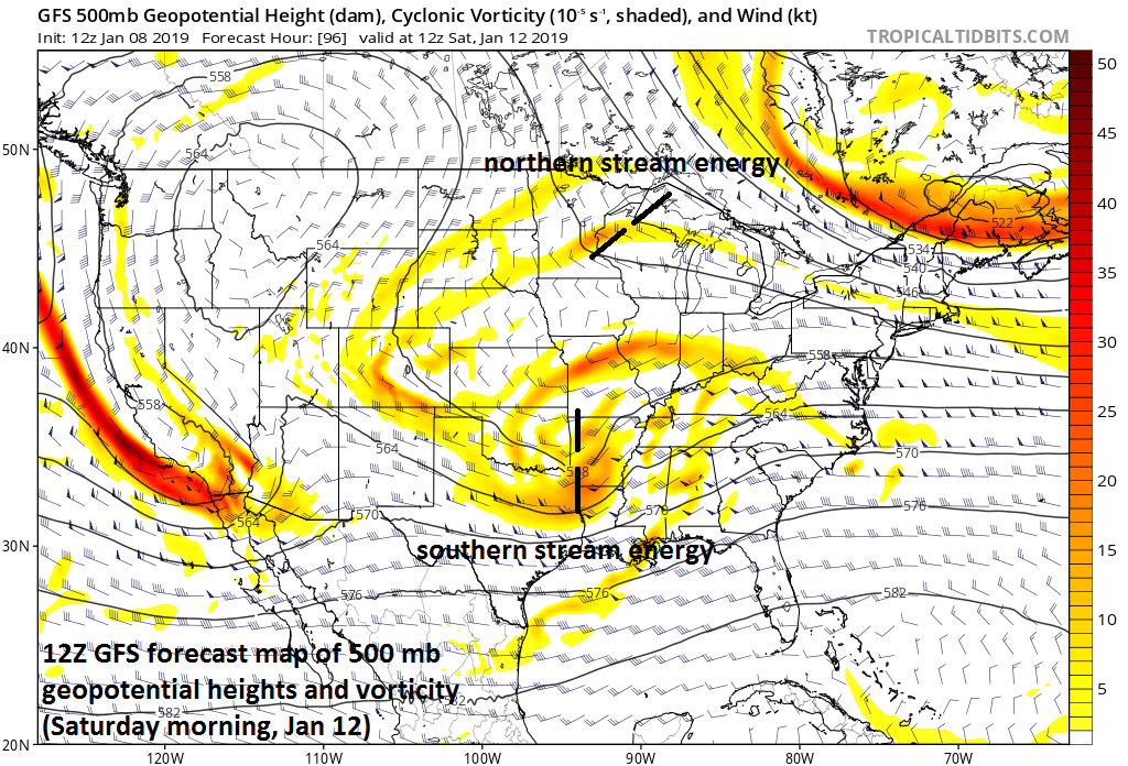 12Z GFS forecast map for Saturday morning with two waves of energy in the upper atmosphere; courtesy NOAA/EMC, tropicaltidbits.com