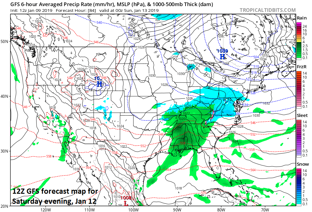 12Z GFS forecast map for Saturday evening features low pressure near the northern Gulf region; map courtesy NOAA/EMC, tropicaltidbits.com