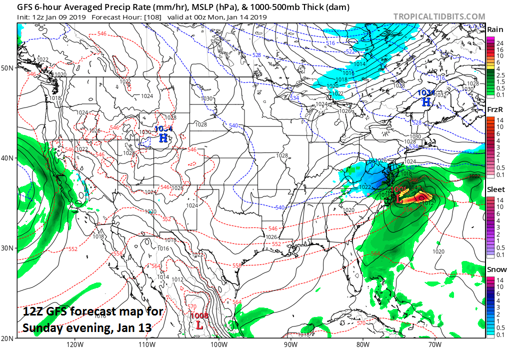 12Z GFS forecast map for Sunday evening features low pressure near the Outer Banks of North Carolina; map courtesy NOAA/EMC, tropicaltidbits.com