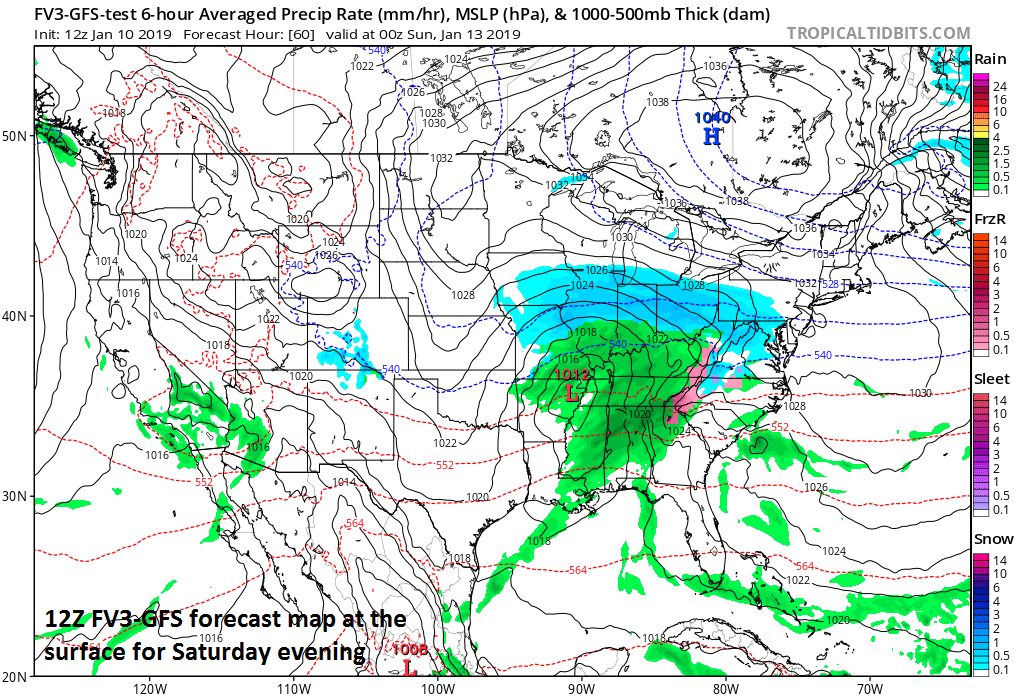 Surface forecast map for Saturday evening with snow (blue) edging eastward into the Mid-Atlantic region (12Z FV3-GFS); courtesy NOAA, tropicaltidbits.com.