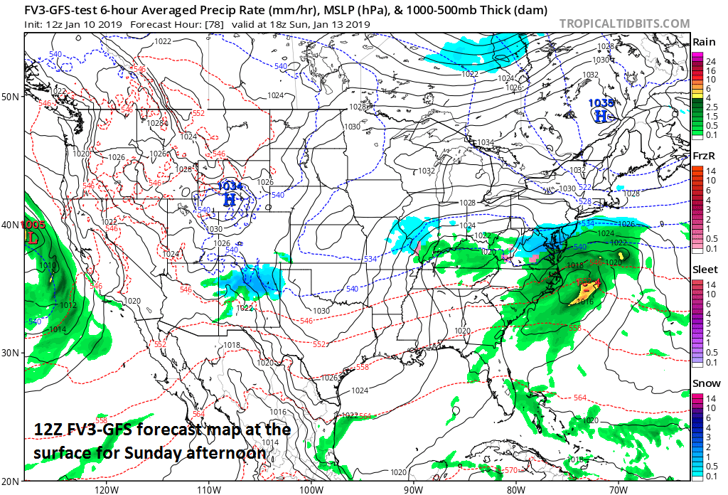 Surface forecast map for Sunday afternoon with snow (blue) generally confined to areas south of the PA/MD border (12Z FV3-GFS); courtesy NOAA, tropicaltidbits.com.