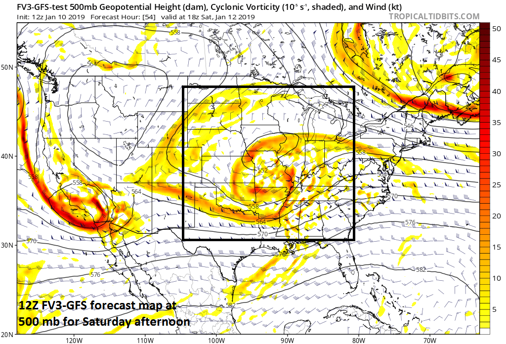 “Well-defined” upper-level wave of energy as of Saturday afternoon (12Z FV3-GFS)