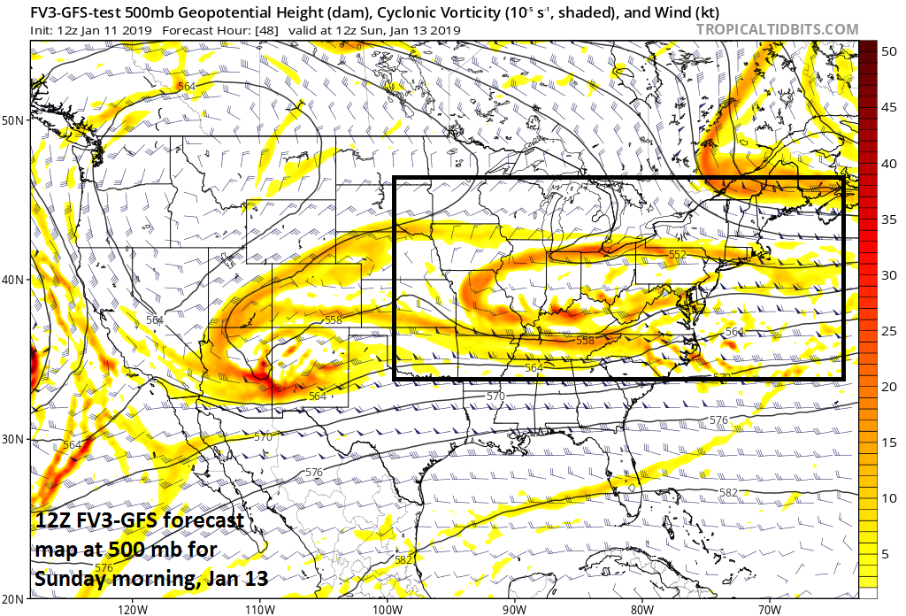 Upper-level energy is sheared or “strung-out” by Sunday morning (12Z FV3-GFS forecast map); map courtesy NOAA/EMC, tropicaltidbits.com