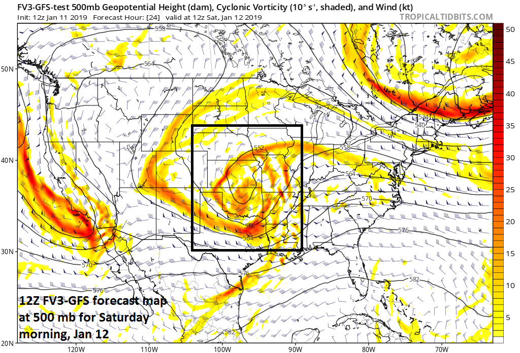 Well-defined upper-level energy on Saturday morning over the central Plains (12Z FV3-GFS forecast map); map courtesy NOAA/EMC, tropicaltidbits.com