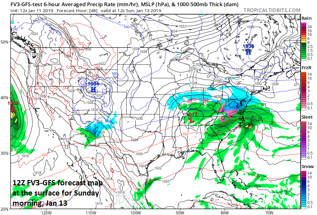 Snow in the Mid-Atlantic region early Sunday with the initial surface low pressure system over Tennessee and a secondary beginning to appear near the North Carolina coastline; map courtesy NOAA/EMC, tropicaltidbits.com