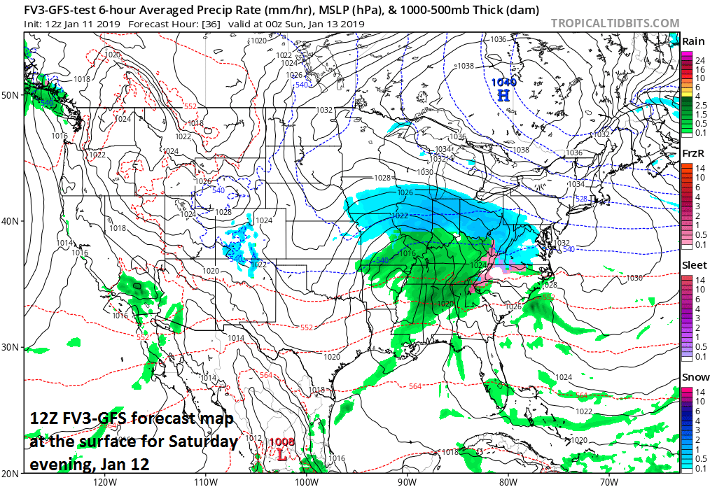 Snow reaches the Mid-Atlantic region by early tomorrow night (snow shown in blue); map courtesy NOAA/EMC, tropicaltidbits.com