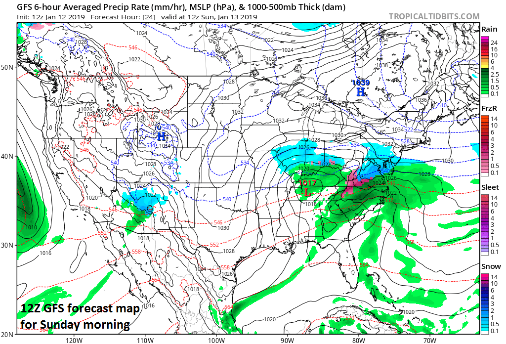12Z GFS forecast map for Sunday morning with initial low pressure over Tennessee and snow (in blue) throughout much of the Mid-Atlantic; courtesy NOAA, tropicaltidbits.com