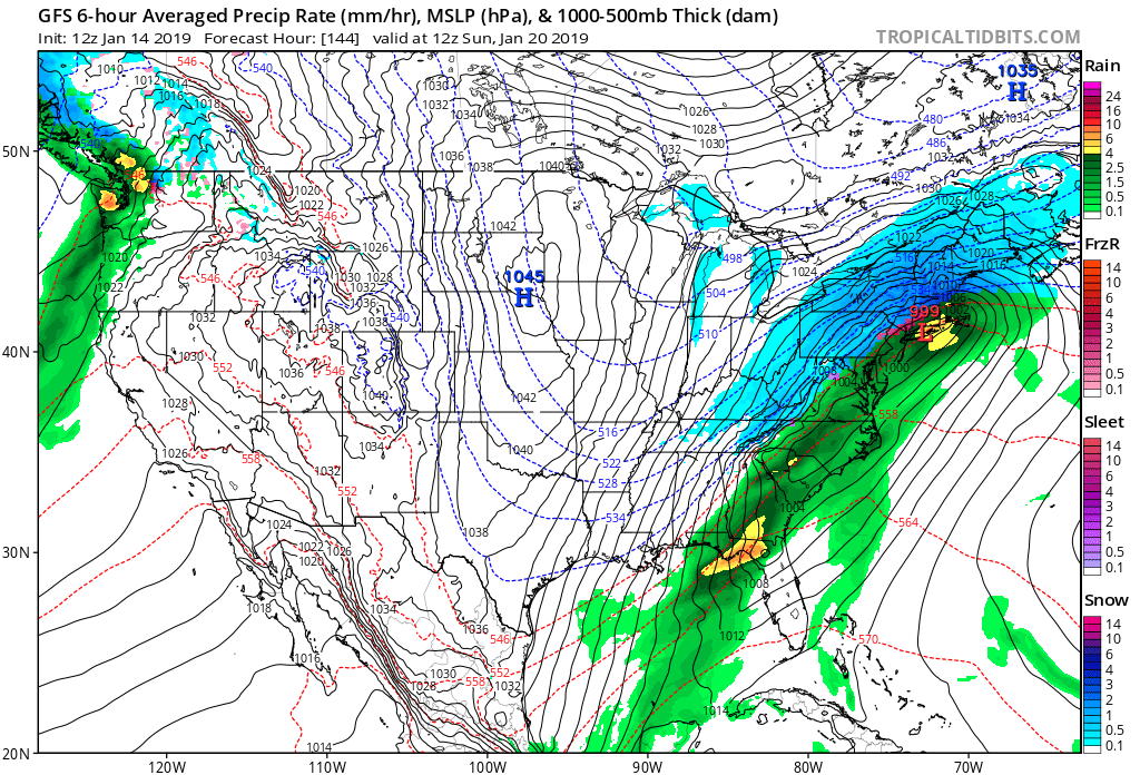 12Z GFS surface forecast map for Sunday morning, January 20th, with snow (in blue) across much of the interior Northeast US and rain (in green) along coastal regions; map courtesy NOAA/EMC, tropicaltidbits.com