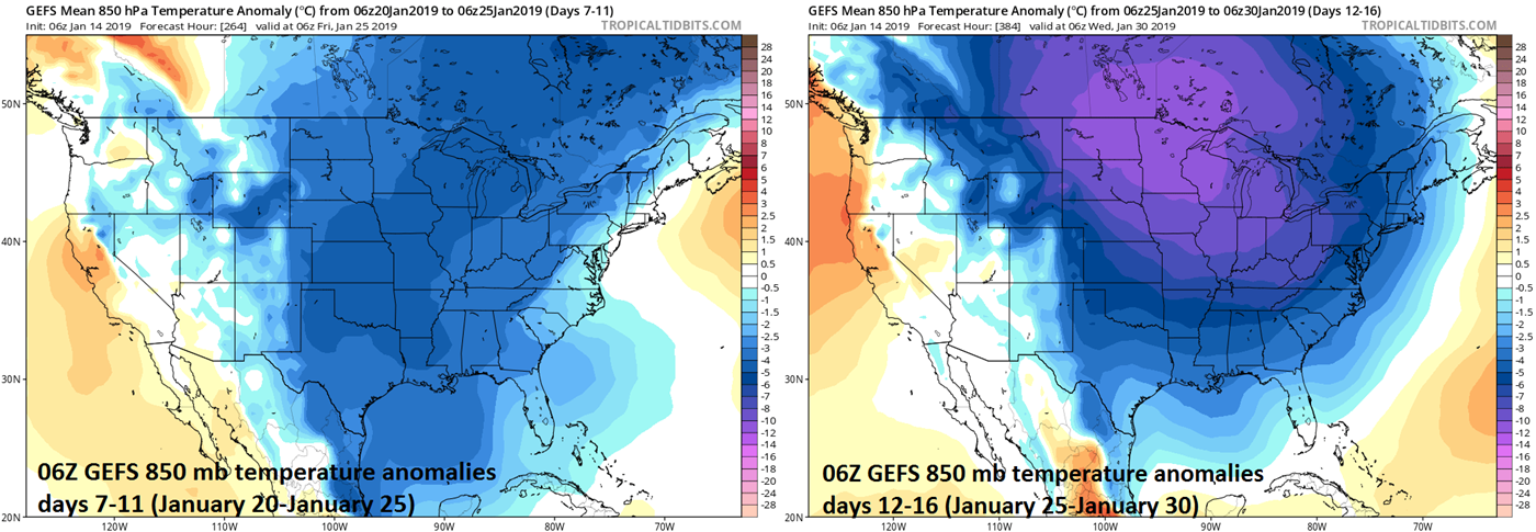 06Z GEFS forecast maps of 850 mb temperature anomalies averaged over 5-day periods with days 7-11 (left) and days 12-16 (right); courtesy NOAA/EMC, tropicaltidbits.com