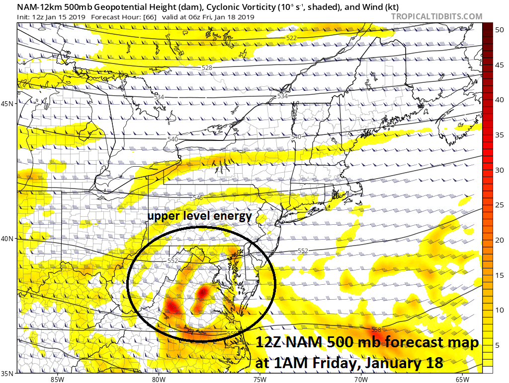 12Z NAM feature a wave of energy in the upper atmosphere early Friday which will support the surface low pressure system as it moves into the Northeast US; courtesy NOAA, tropicaltidbits.com