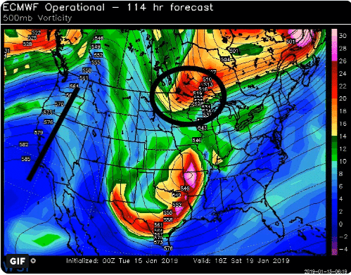 A noticeable trend in recent computer forecast models such as the Euro has been for a a bit farther south “digging” of the southern wave of energy and a bit more separation from the northern stream system. This loop shows the changes from the Monday night Euro model run to the Tuesday night version. Maps courtesy WSI, Inc., ECMWF