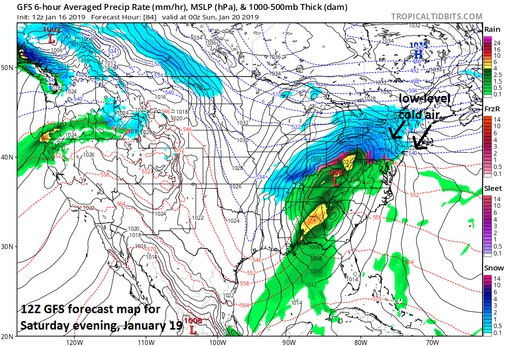 12Z GFS forecast map at the surface for Saturday evening with snow (in blue) north of the PA/MD border; courtesy NOAA/EMC, tropicaltidbits.com