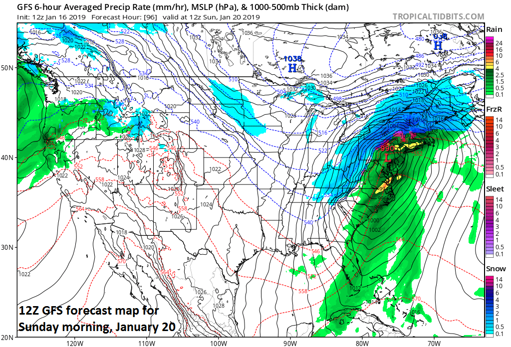 12Z GFS forecast map at the surface for Sunday morning with rain over the I-95 corridor (in green) and snow across interior sections of the Mid-Atlantic; courtesy NOAA/EMC, tropicaltidbits.com