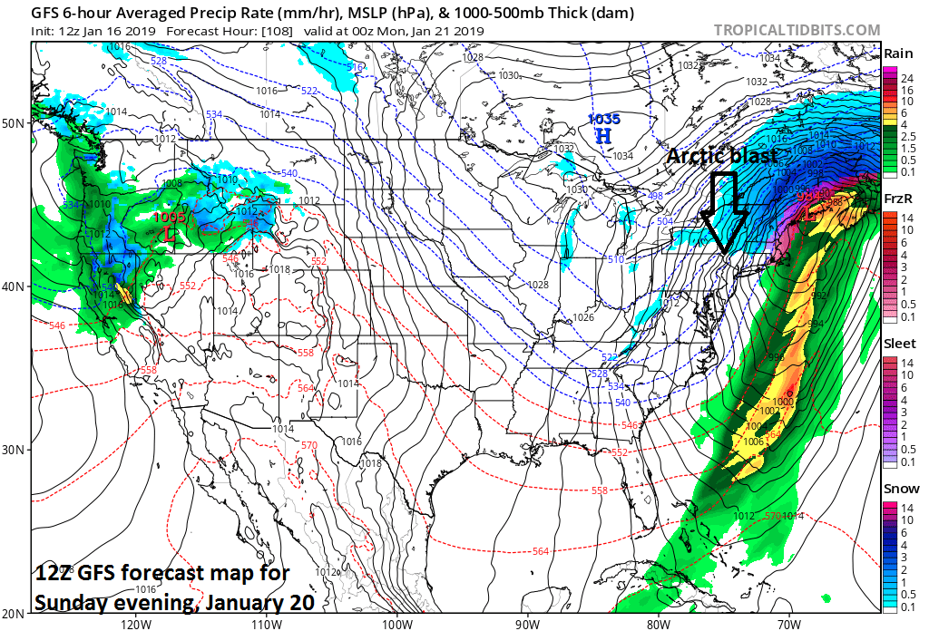 12Z GFS forecast map at the surface for Sunday evening with Arctic air pouring into the Mid-Atlantic region on the back side of the departing low pressure system; courtesy NOAA/EMC, tropicaltidbits.com