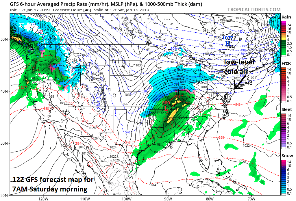 12Z GFS forecast map for Saturday morning with high pressure over SE Canada and low pressure over the Midwest; courtesy NOAA/EMC, tropicaltidbits.com