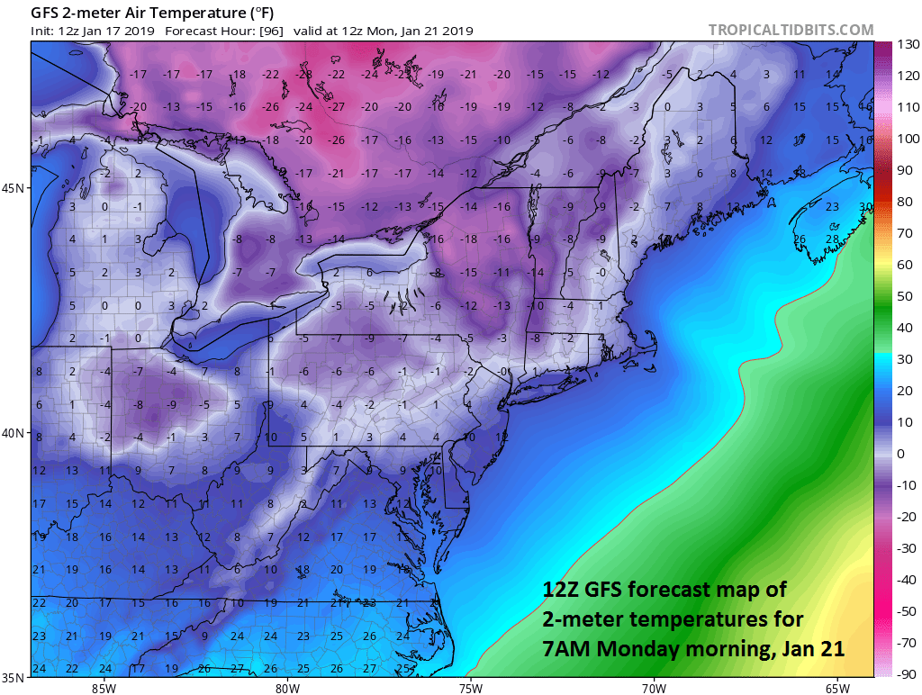 12Z GFS forecast map of low temperatures on Monday morning; courtesy NOAA/EMC, tropicaltidbits.com