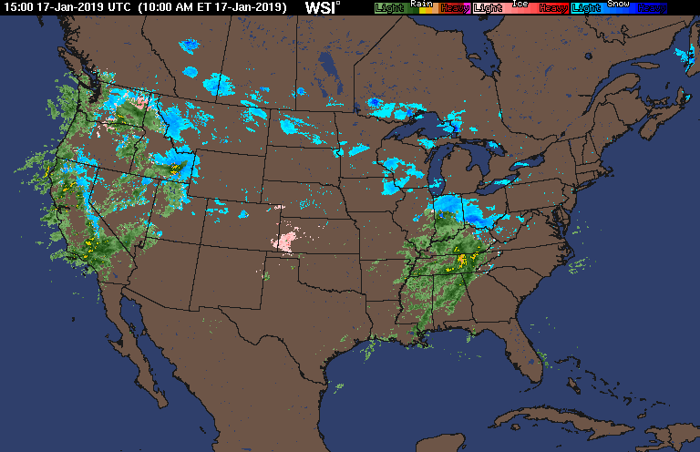Current radar loop featuring precipitation over the Midwest that result in snow tonight for much of the Mid-Atlantic region and widespread precipitation across the western US (snow=blue, rain=green, ice=pink); courtesy WSI, Inc. NOAA