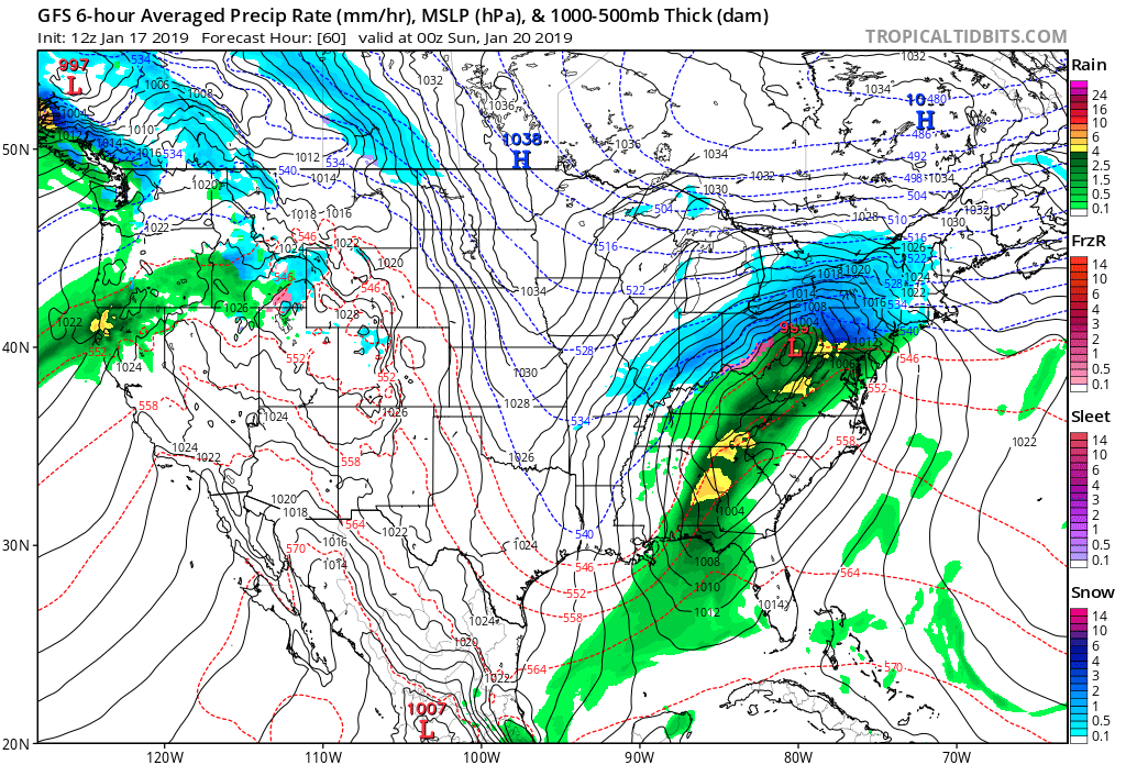 12Z GFS forecast map for Saturday evening with high pressure over SE Canada and low pressure over West Virginia courtesy NOAA/EMC, tropicaltidbits.com