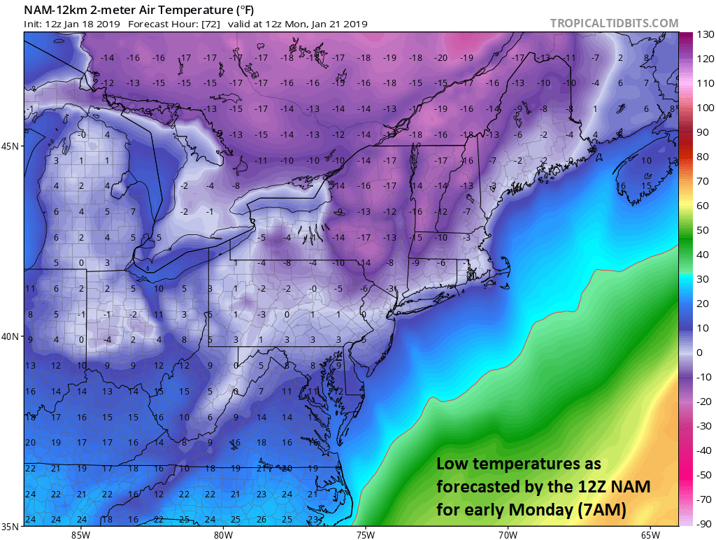 Bitter cold grips the Mid-Atlantic region by early Monday morning (12Z NAM)