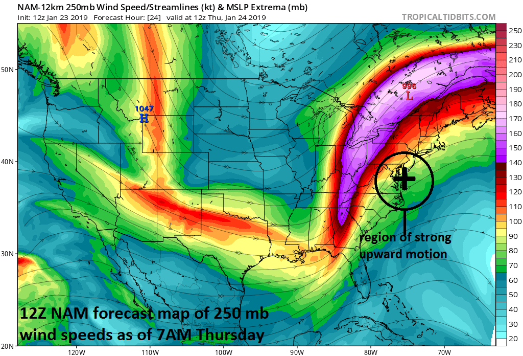 The “right entrance” region (circled) of an intense upper-level jet streak is favorable for strong upward motion which will contribute to strong wind gusts at the surface and heavy rainfall; courtesy NOAA, tropicaltidbits.com
