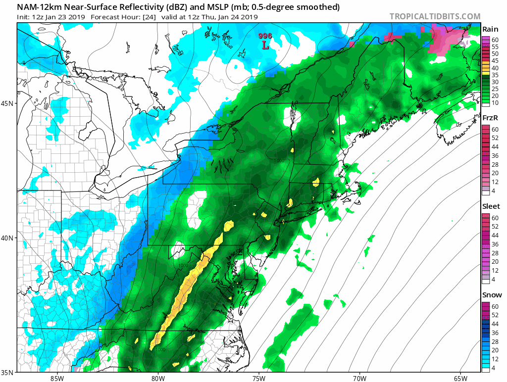 The 12Z NAM surface forecast maps from 7AM on Thursday to 1PM in hourly increments with a band of heavy rain (yellow) pushing through the I-95 corridor; courtesy NOAA, tropicaltidbits.com