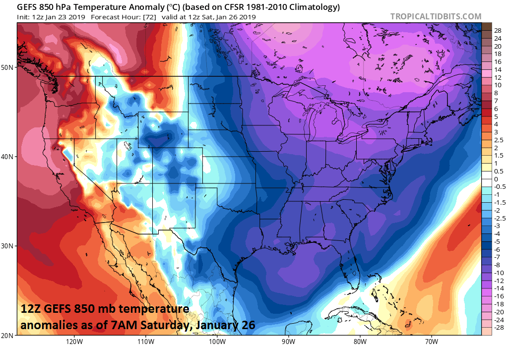 Brutal cold later this week will feature its coldest core (relative-to-normal) over the south-central and southeastern parts of Canada; courtesy NOAA, tropicaltidbits.com