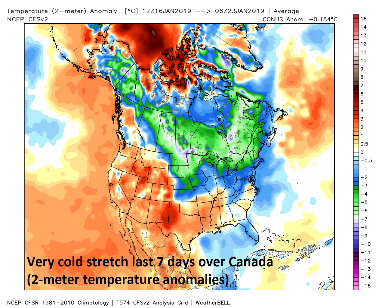 Well below-normal temperatures last 7 days over Canada; courtesy Weather Bell Analytics, NOAA