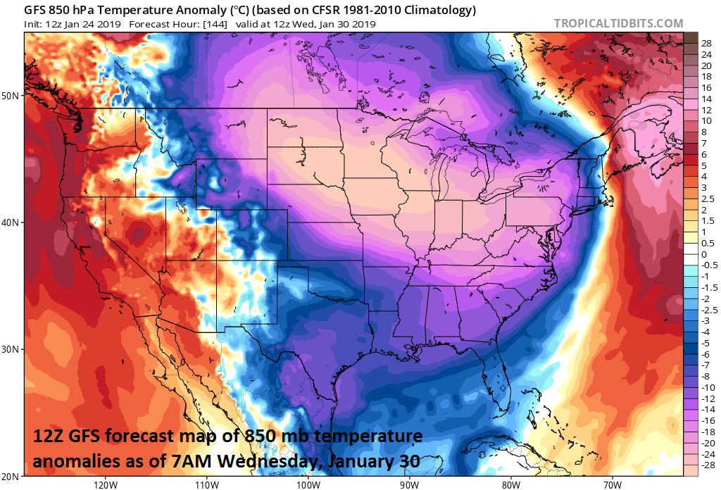A widespread bitter cold air mass impacts the central and eastern US by the middle of next week; courtesy NOAA, tropicaltidbits.com