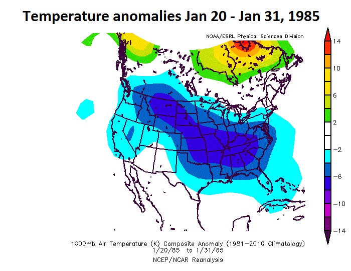 An Arctic outbreak in January 1985 that resulted in Chicago’s lowest temperature ever (-27°F) followed a major stratospheric warming event…much like what we’ve experienced in recent weeks; courtesy NOAA
