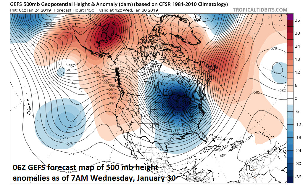 A deep upper-level low drops to a position over the Great Lakes region by the middle of next week resulting in a brutally cold air mass for much of the central and eastern US; courtesy NOAA, tropicaltidbits.com