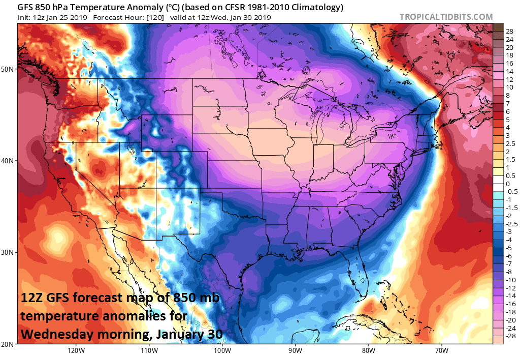 A widespread bitter cold air mass impacts the central and eastern US by the middle of next week; courtesy NOAA, tropicaltidbits.com