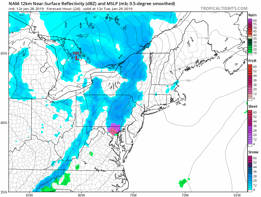12Z NAM forecast map from 7AM Tuesday to 7PM Tuesday with snow (in blue) in much of the I-95 corridor; map courtesy NOAA/EMC, tropcialtidbits.com