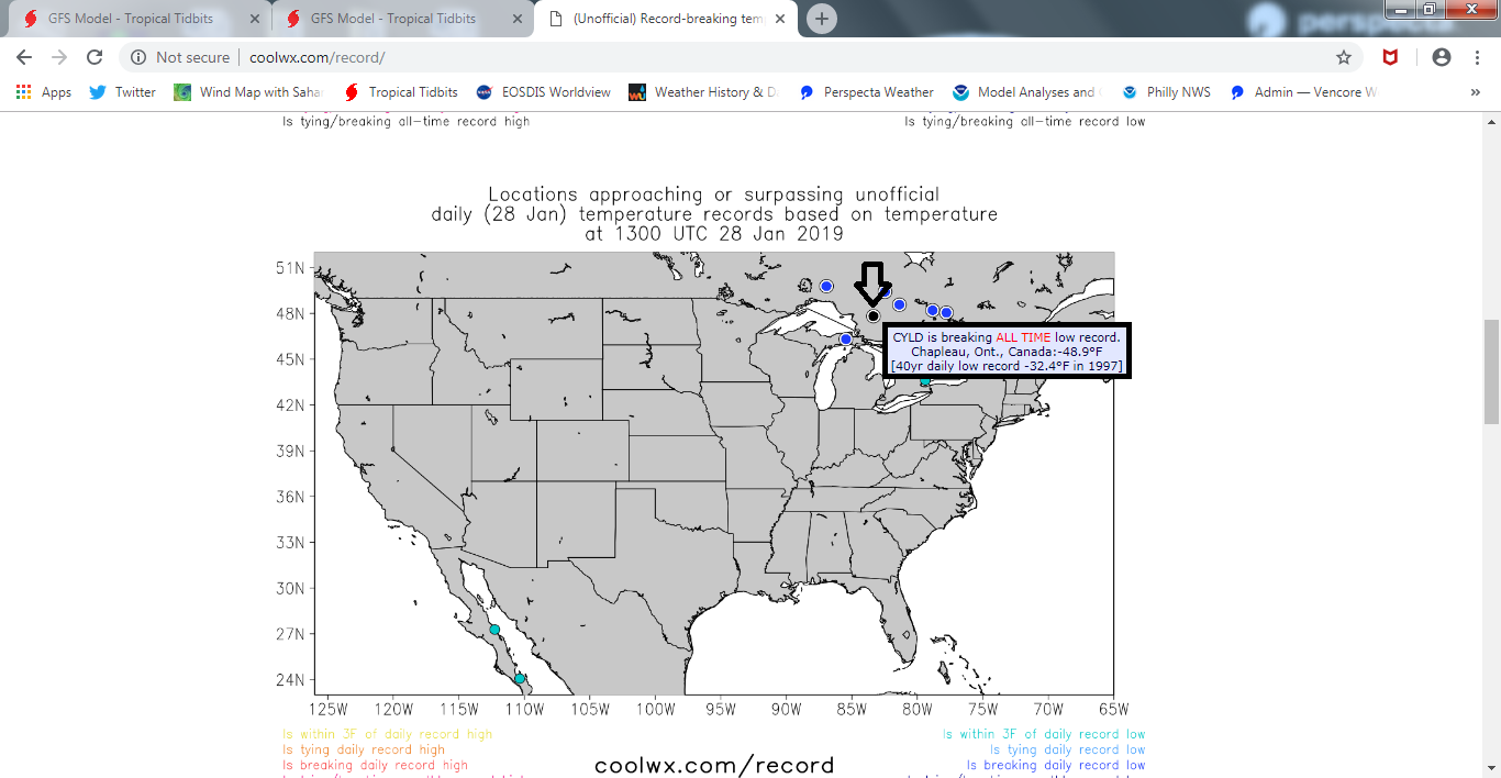 Arrow indicates location of Chapleau Ontario Canada which experienced its coldest temperature ever this morning of -49 deg F; map courtesy coolwx.com