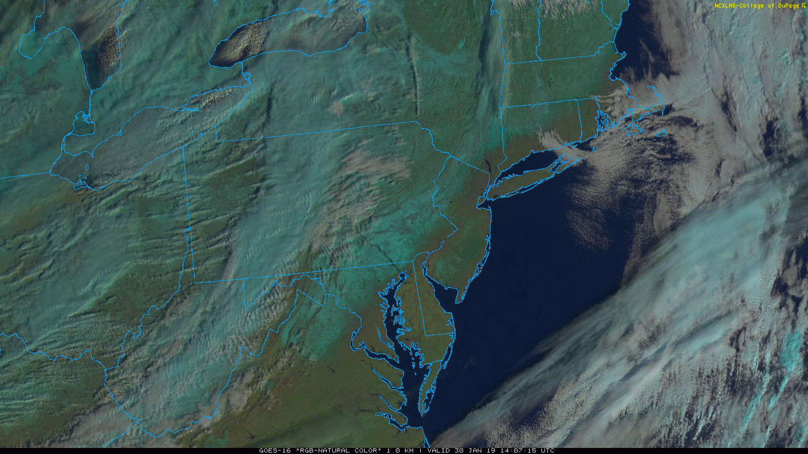 GOES-16 satellite imagery loop (natural color) with clouds associated with squall line; courtesy NOAA, College of DuPage