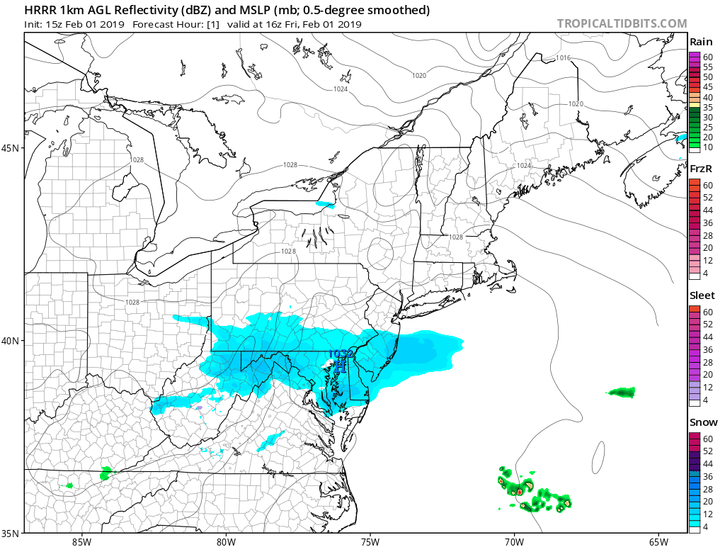 The threat threat continues well into the afternoon in the DC-to-Philly corridor (HRRR model run); courtesy NOAA, tropicaltidbits.com