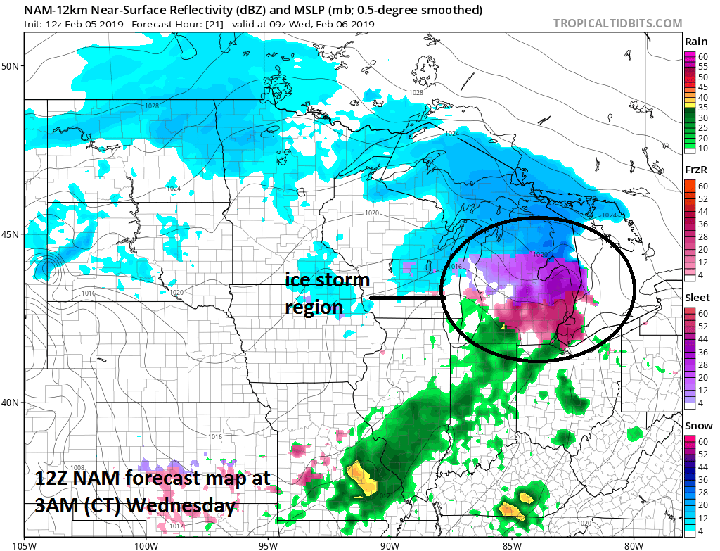 Tuesday, Feb 5, 2019, 1:00 PM | *Major ice event in the offing for much of Michigan from late tonight into early Wednesday*