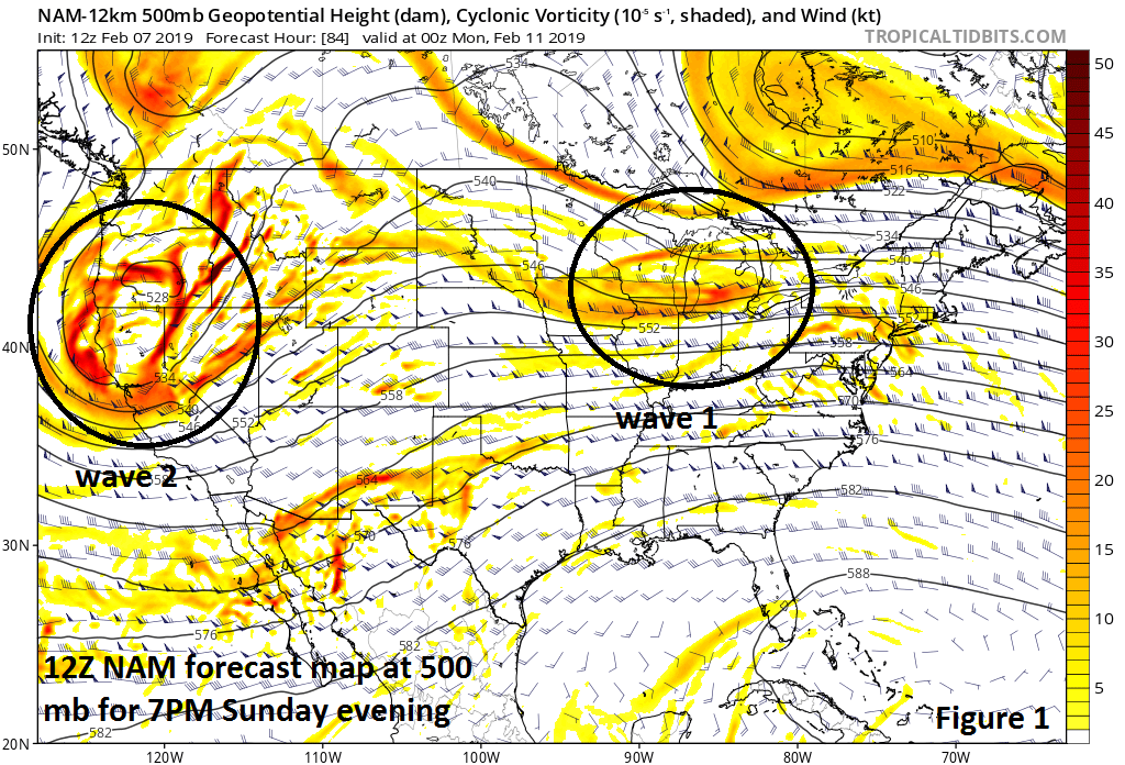 Figure 1: The forecast map for Sunday evening features two waves of interest for the Mid-Atlantic region which will play important roles in the early and middle parts of next week; courtesy NOAA, tropicaltidbits.com