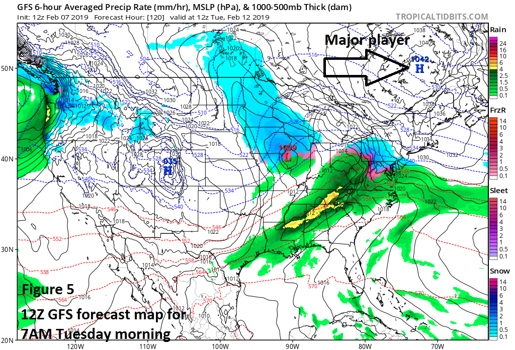 Very cold air anchored by strong high pressure over SE Canada will be a key layer in next week’s events; courtesy NOAA, tropicaltidbits.com