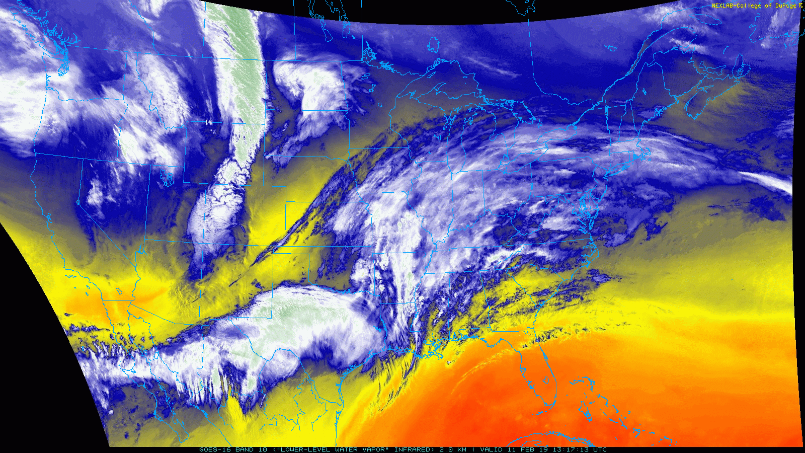 The latest satellite imagery loop of low-level water vapor from GOES-16 shows a large swath of moisture headed towards the Mid-Atlantic region; courtesy College of DuPage, NOAA