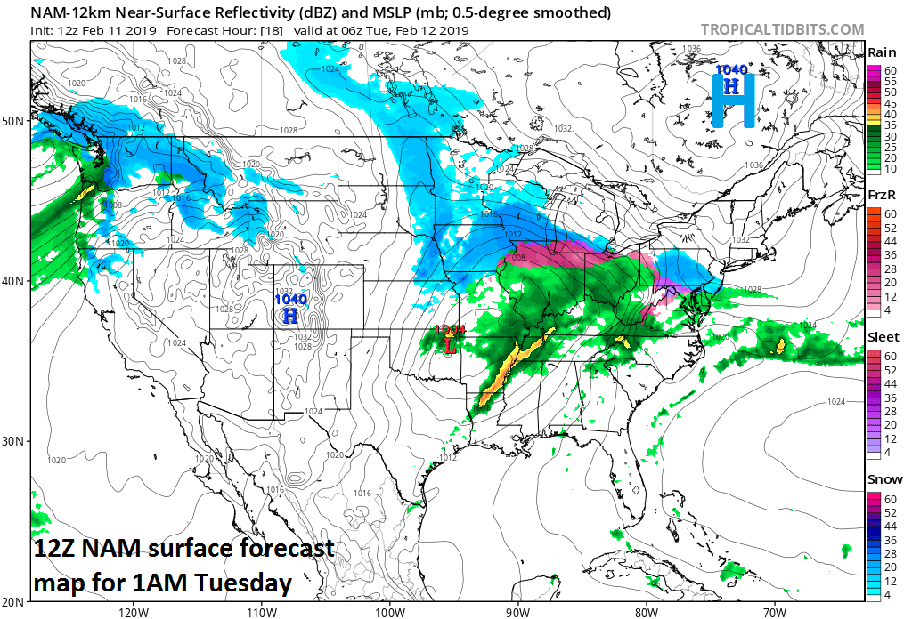 The large, strong, cold high pressure system over southeastern Canada in this forecast map for 1AM Tuesday is a key player. Courtesy NOAA, tropicaltidbits.com