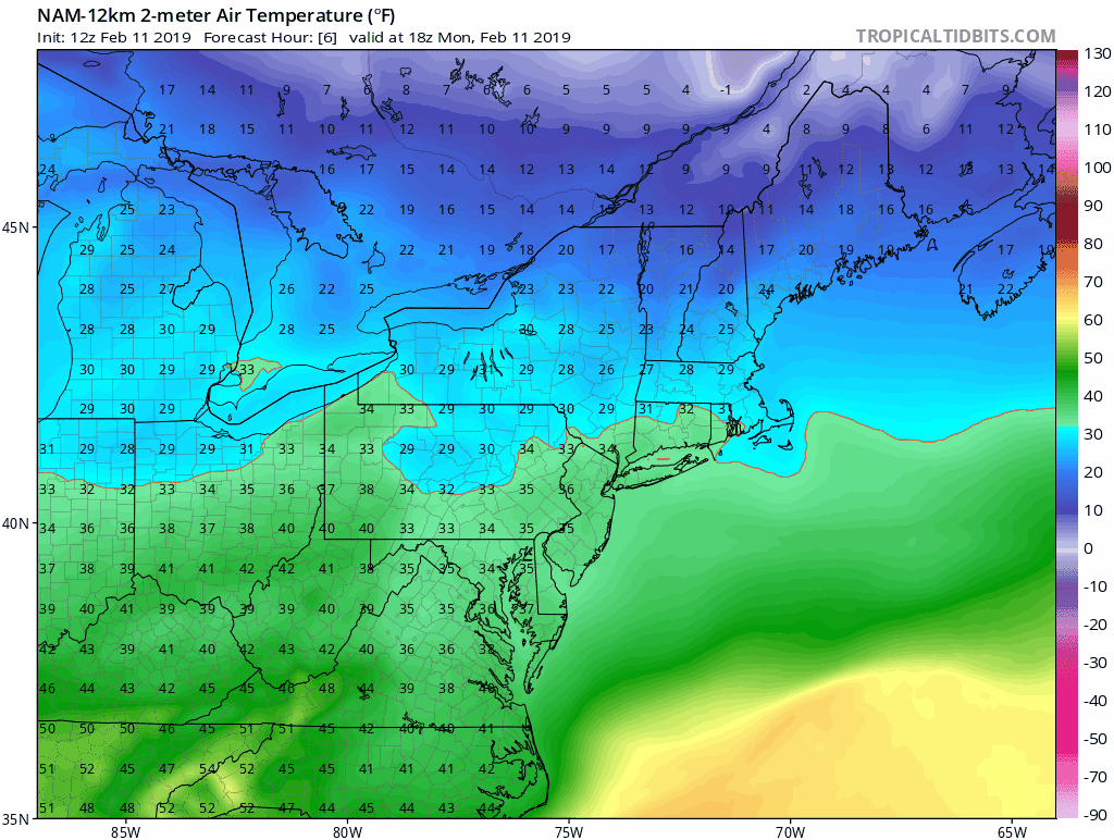 Temperatures will rise to above freezing levels today in many spots along the I-95 corridor, but given the influx of cold air from the north, they’ll drop back to freezing later tonight (loop of surface temperatures from 1PM Monday to 7AM Tuesday using the 12Z NAM model run); maps courtesy NOAA, tropicaltidbits.com