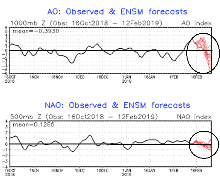Arctic Oscillation (AO, top) and North Atlantic Oscillation (NAO, bottom) index forecasts (shown in red) for the next couple of weeks; maps courtesy NOAA