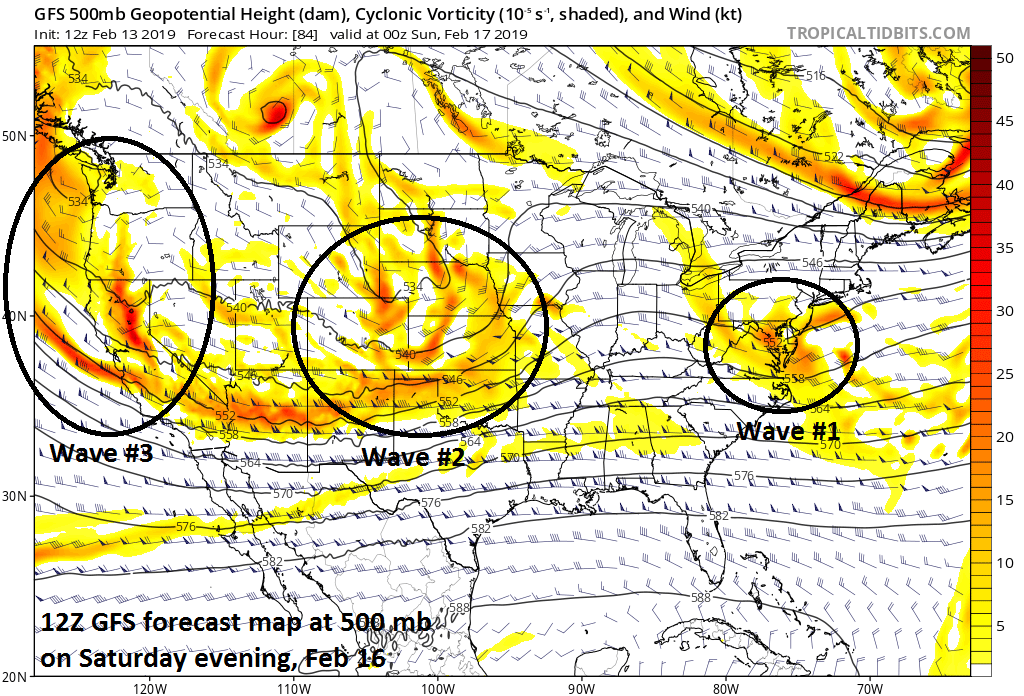Multiple waves of energy in the upper atmosphere by the middle of the upcoming weekend in an unfolding active and stormy weather pattern; courtesy NOAA/EMC, tropicaltidbits.com