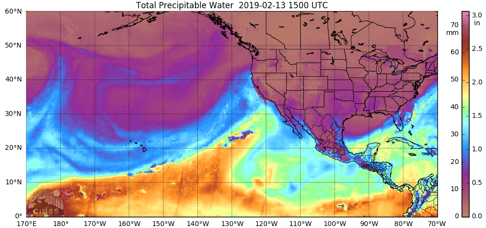 A plume of moisture is flowing into California today and contributing to massive amounts of rain (coastal sections) and snow (inland higher elevations); courtesy CIMMS Wisconsin, NOAA