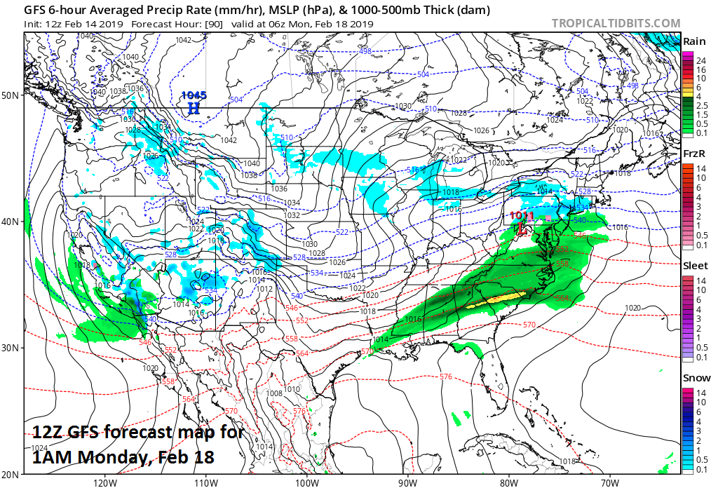Weak low pressure may impact the Mid-Atlantic region on Sunday night with rain or snow; map courtesy NOAA, tropicaltidbits.com