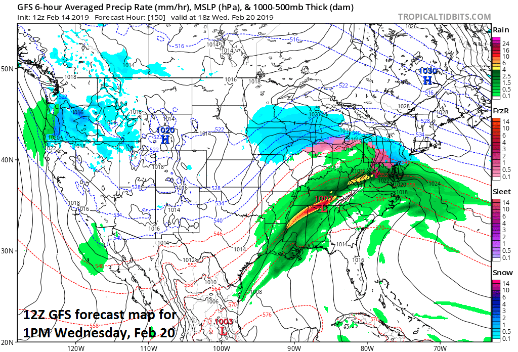 Low pressure may pull out of the southern states next week and impact the Mid-Atlantic region by late Tuesday night or Wednesday; courtesy NOAA, tropicaltidbits.com