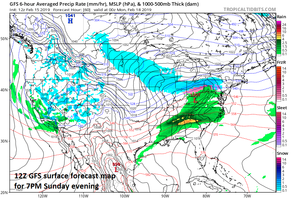 A light wintry precipitation event is probable on Sunday night in the Mid-Atlantic region with snow showers likely north of the PA/MD border and a mix of rain and snow showers to the south of there. Map courtesy NOAA/EMC, tropicaltidbits.com