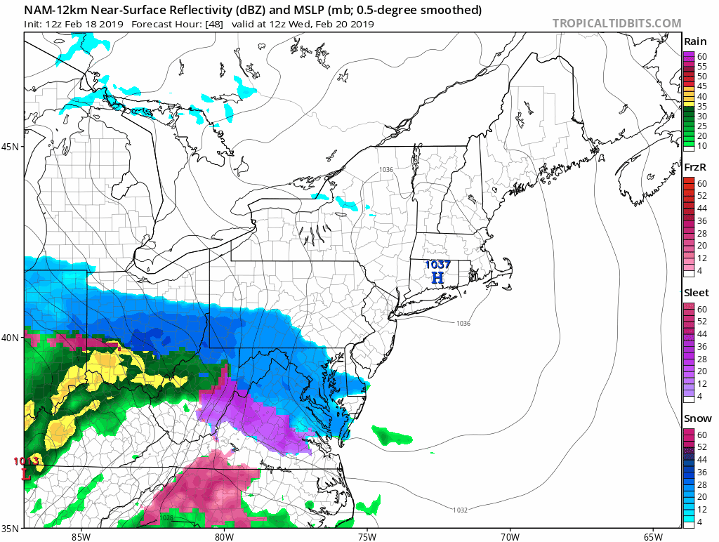 12Z NAM surface forecast maps from 7AM Wednesday (forecast hour 48) to 1AM Thursday (forecast hour 66); courtesy NOAA/EMC, tropicaltidbits.com